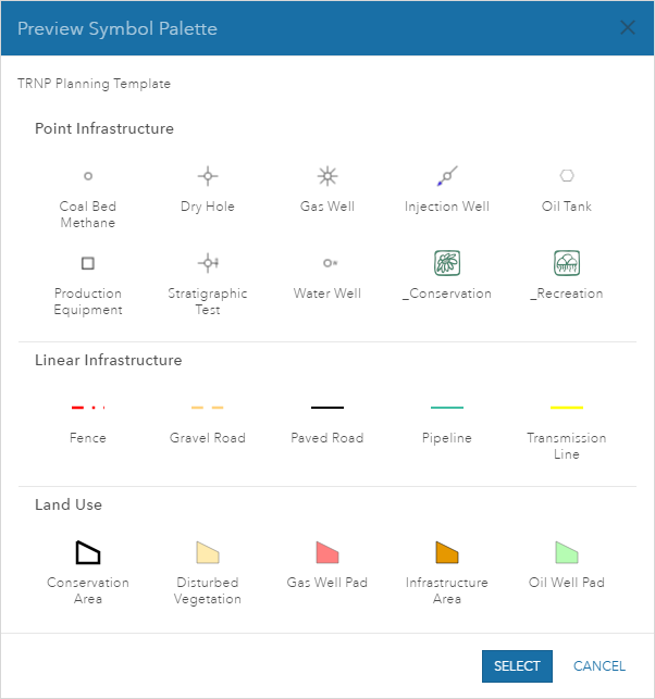 Preview Symbol Palette dialog box with a list of feature templates